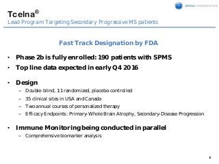 14
Tcelna®
Lead Program Targeting Secondary Progressive MS patients
Fast Track Designation by FDA
• Phase 2b is fully enro...