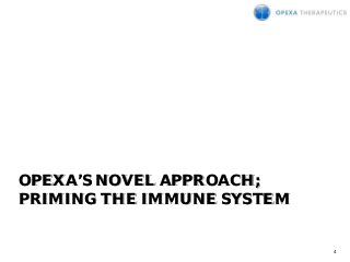 OPEXA’S NOVEL APPROACH;
PRIMING THE IMMUNE SYSTEM
4
 